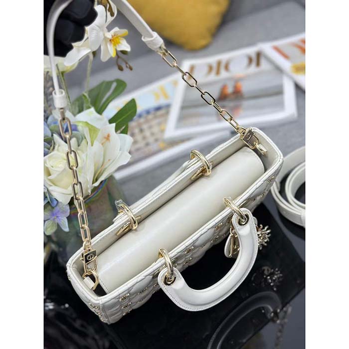 Dior Women CD Medium Lady D-Joy Bag Latte Cannage Lambskin Sun Studs