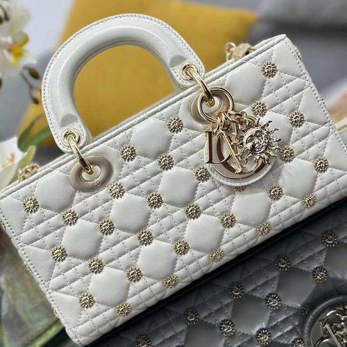 Dior Women CD Medium Lady D-Joy Bag Latte Cannage Lambskin Sun Studs
