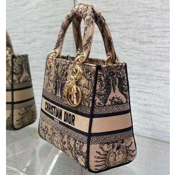 Dior Women CD Medium Lady D-Lite Bag Beige Black Toile De Jouy Soleil