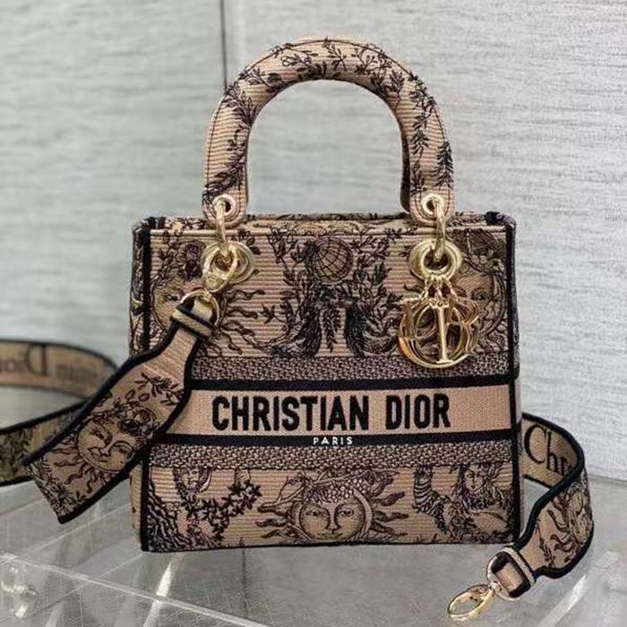 Dior Women CD Medium Lady D-Lite Bag Beige Black Toile De Jouy Soleil
