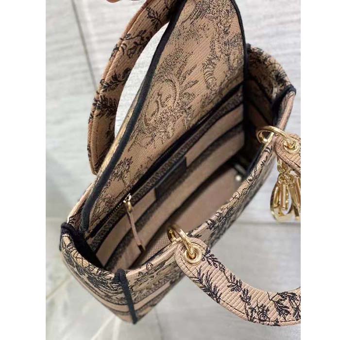 Dior Women CD Medium Lady D-Lite Bag Beige Black Toile De Jouy Soleil