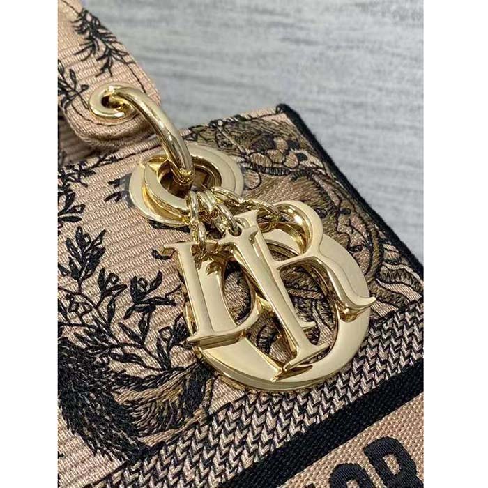 Dior Women CD Medium Lady D-Lite Bag Beige Black Toile De Jouy Soleil
