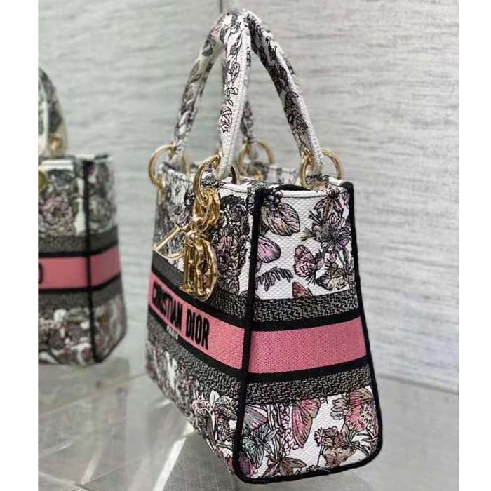 Dior Women CD Medium Lady D-Lite Bag White Pink Butterfly Around The World
