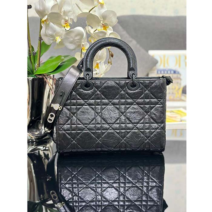 Dior Women CD Medium Lady D-Sire My ABCDior Bag Black Macrocannage Crinkled Calfskin