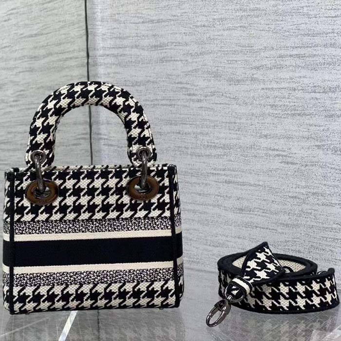 Dior Women CD Mini Lady D-Lite Bag Black White Houndstooth Embroidery