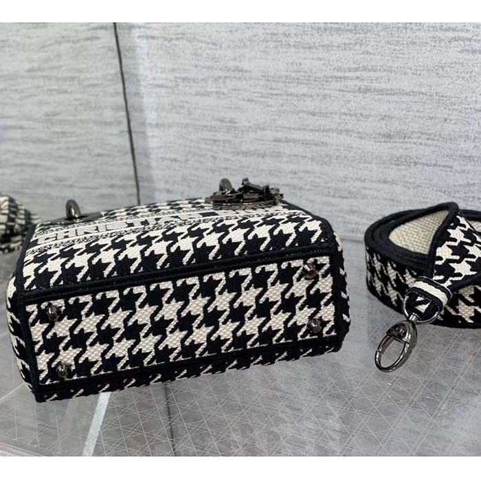 Dior Women CD Mini Lady D-Lite Bag Black White Houndstooth Embroidery
