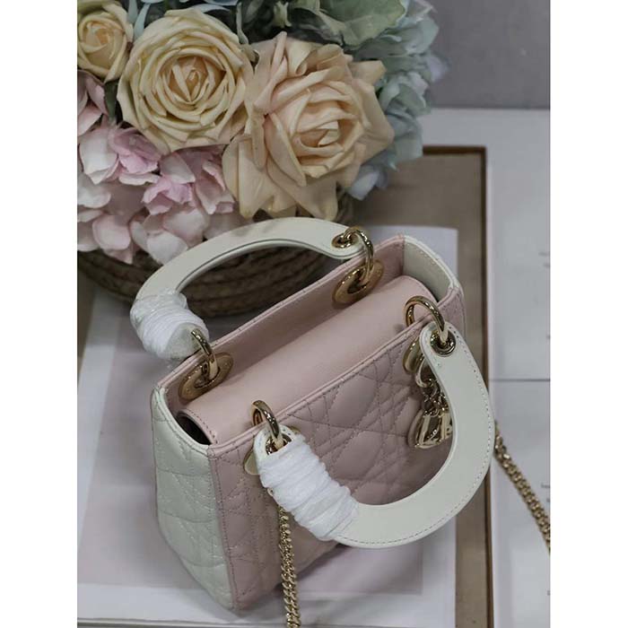 Dior Women CD Mini Lady Dior Bag Latte Powder Pink Cannage Lambskin