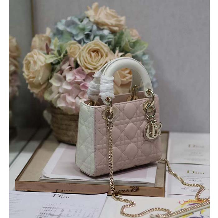 Dior Women CD Mini Lady Dior Bag Latte Powder Pink Cannage Lambskin