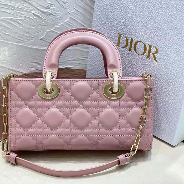 Dior Women CD Small Lady D-Joy Bag Melocoton Pink Glossy Iridescent Cannage Calfskin