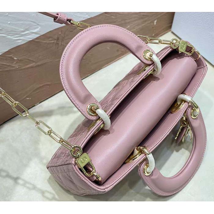 Dior Women CD Small Lady D-Joy Bag Melocoton Pink Glossy Iridescent Cannage Calfskin