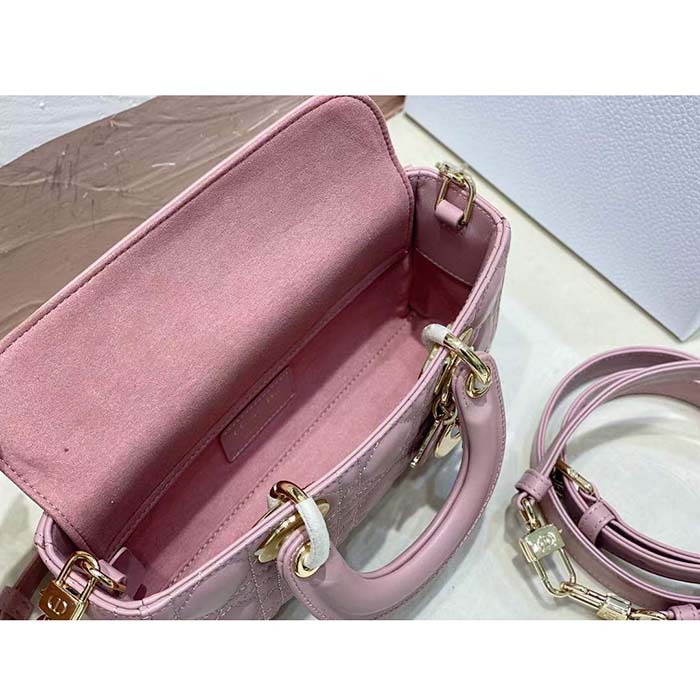 Dior Women CD Small Lady D-Joy Bag Melocoton Pink Glossy Iridescent Cannage Calfskin