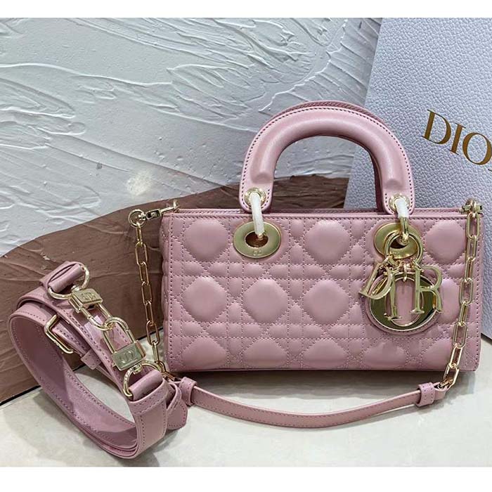 Dior Women CD Small Lady D-Joy Bag Melocoton Pink Glossy Iridescent Cannage Calfskin