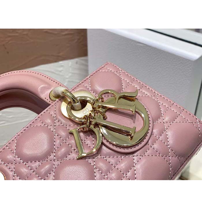 Dior Women CD Small Lady D-Joy Bag Melocoton Pink Glossy Iridescent Cannage Calfskin