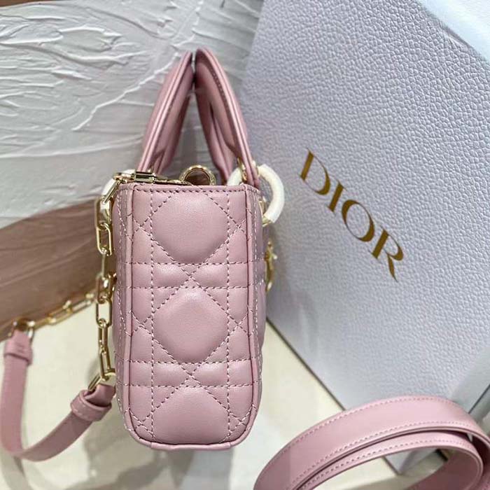 Dior Women CD Small Lady D-Joy Bag Melocoton Pink Glossy Iridescent Cannage Calfskin