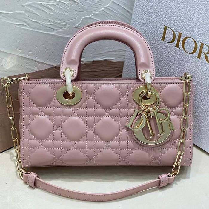 Dior Women CD Small Lady D-Joy Bag Melocoton Pink Glossy Iridescent Cannage Calfskin