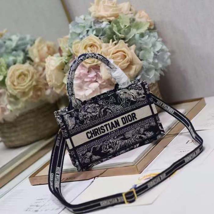 Dior Women Mini Dior Book Tote Strap Blue Toile De Jouy Reverse Embroidery
