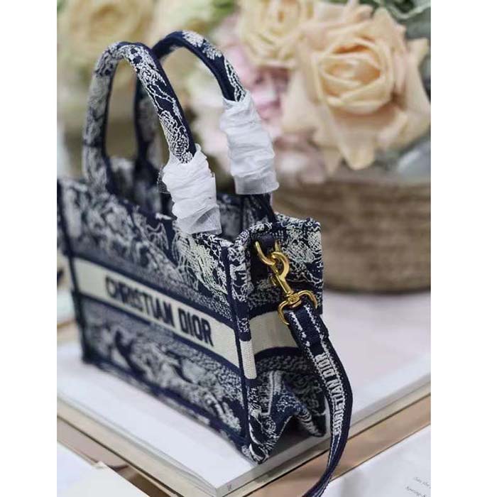 Dior Women Mini Dior Book Tote Strap Blue Toile De Jouy Reverse Embroidery