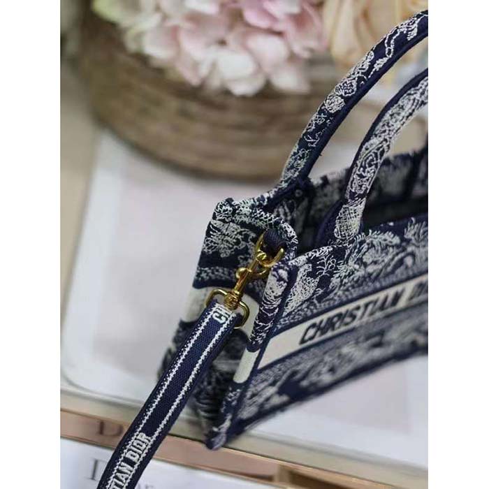 Dior Women Mini Dior Book Tote Strap Blue Toile De Jouy Reverse Embroidery