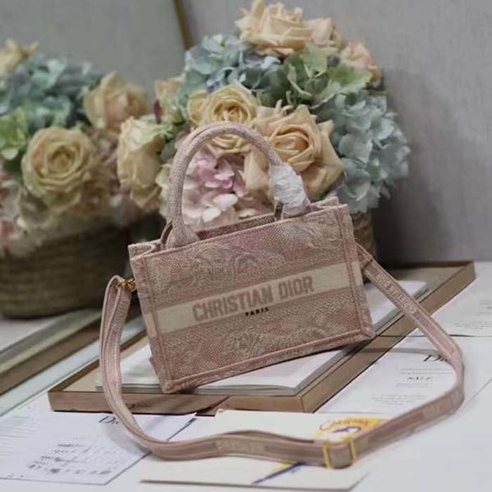 Dior Women Mini Dior Book Tote Strap Pink Toile De Jouy Reverse Embroidery