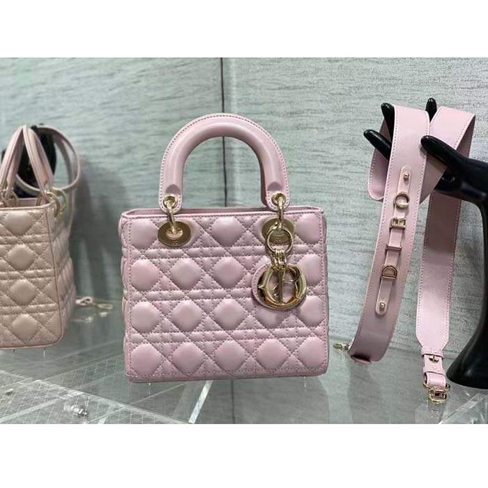 Dior Women Small Lady Dior Bag Melocoton Pink Pearlescent Cannage Lambskin