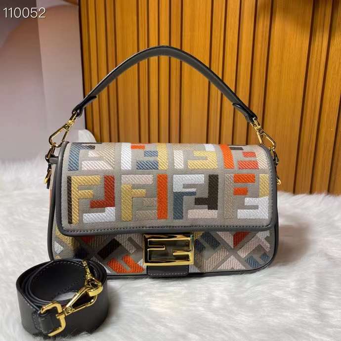 Fendi Women FF Baguette Brooch Multicolor Canvas Bag FF Embroidery