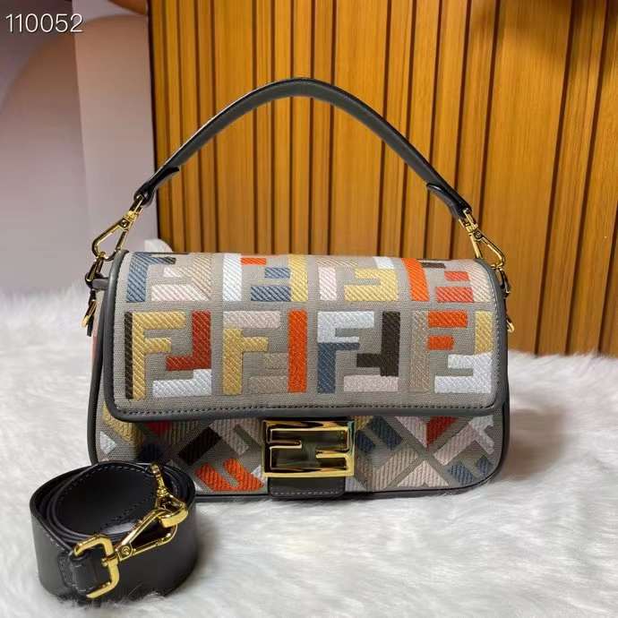 Fendi Women FF Baguette Brooch Multicolor Canvas Bag FF Embroidery