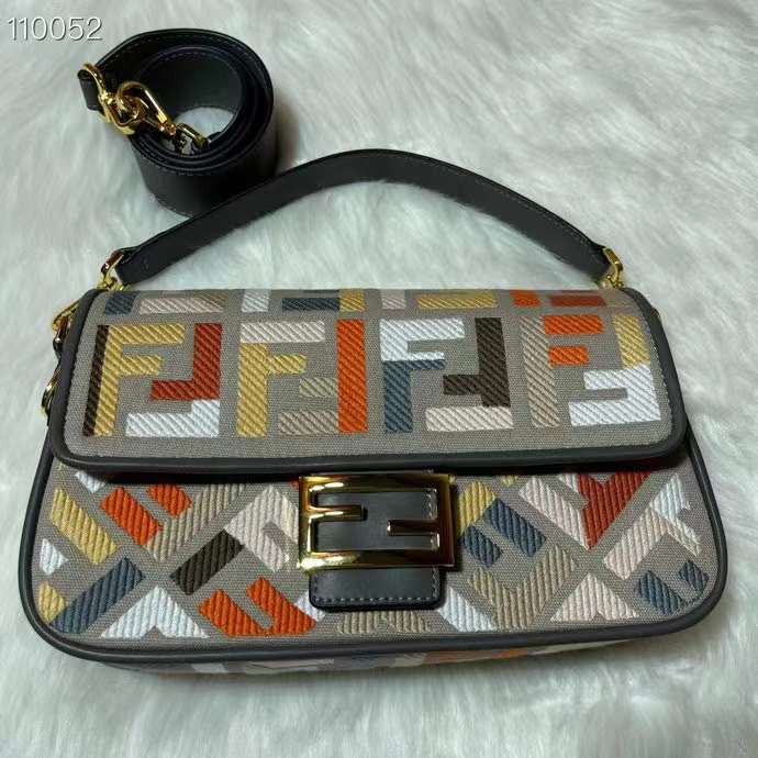Fendi Women FF Baguette Brooch Multicolor Canvas Bag FF Embroidery