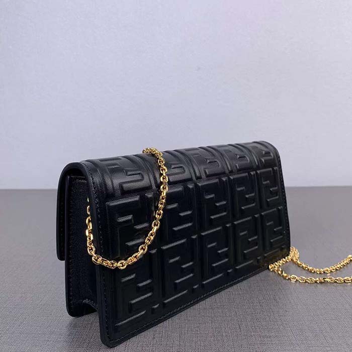 Fendi Women FF Wallet On Chain Baguette Black Nappa Leather Wallet