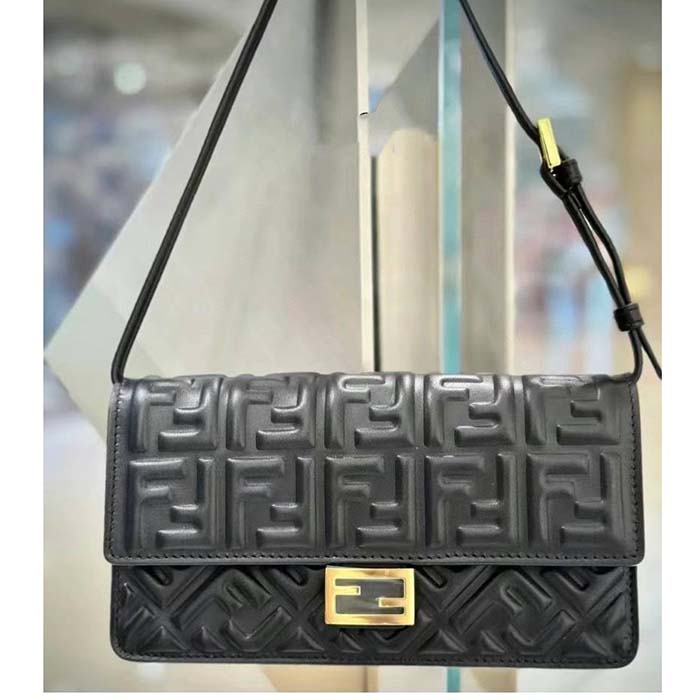 Fendi Women FF Wallet On Chain Baguette Black Nappa Leather Wallet