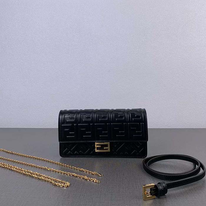 Fendi Women FF Wallet On Chain Baguette Black Nappa Leather Wallet