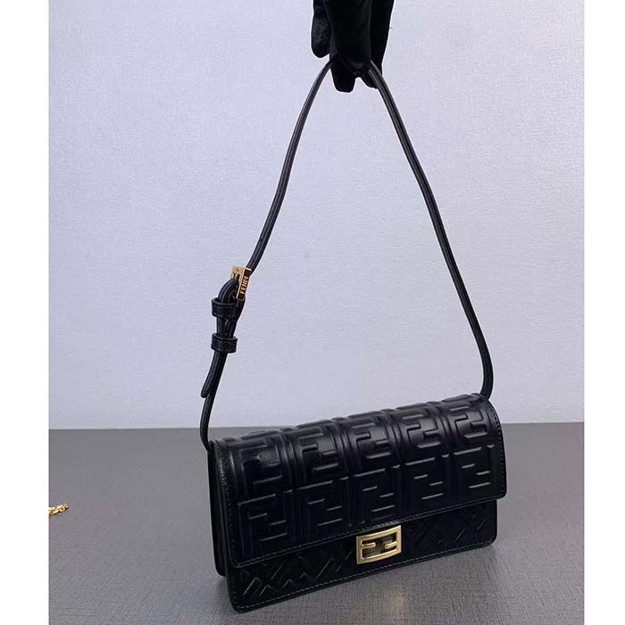 Fendi Women FF Wallet On Chain Baguette Black Nappa Leather Wallet