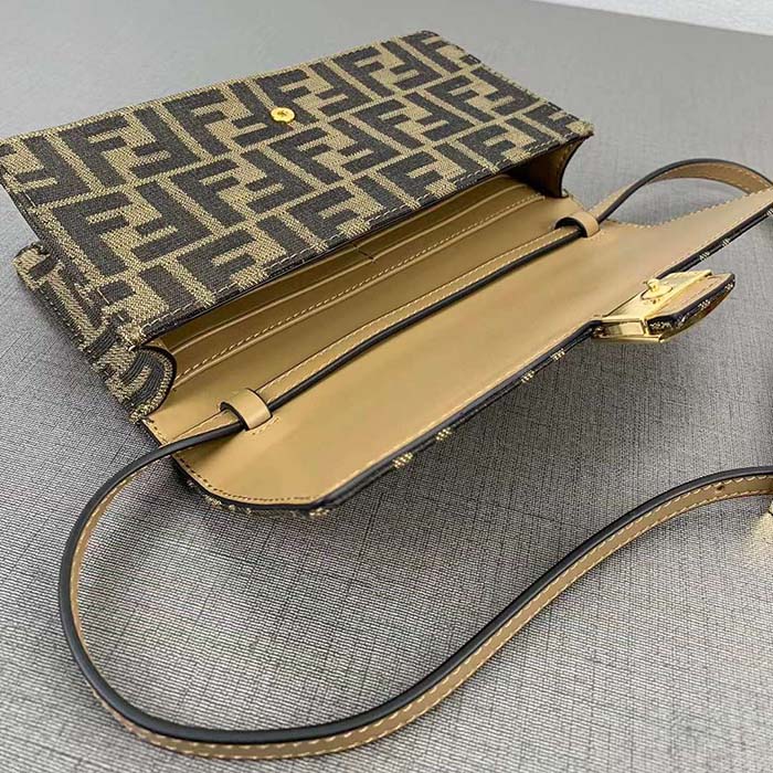 Fendi Women FF Wallet On Chain Baguette Brown FF Fabric Wallet
