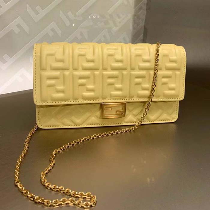Fendi Women FF Wallet On Chain Baguette Yellow Nappa Leather Wallet