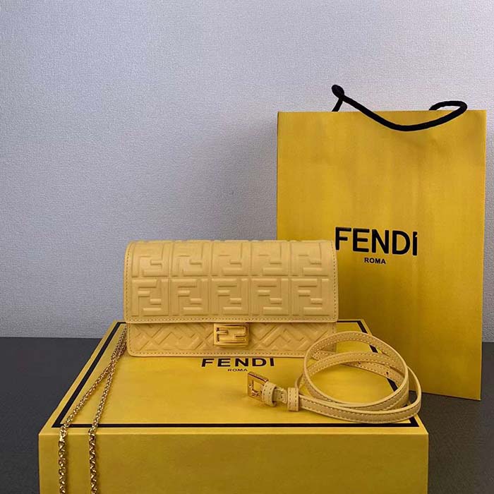 Fendi Women FF Wallet On Chain Baguette Yellow Nappa Leather Wallet