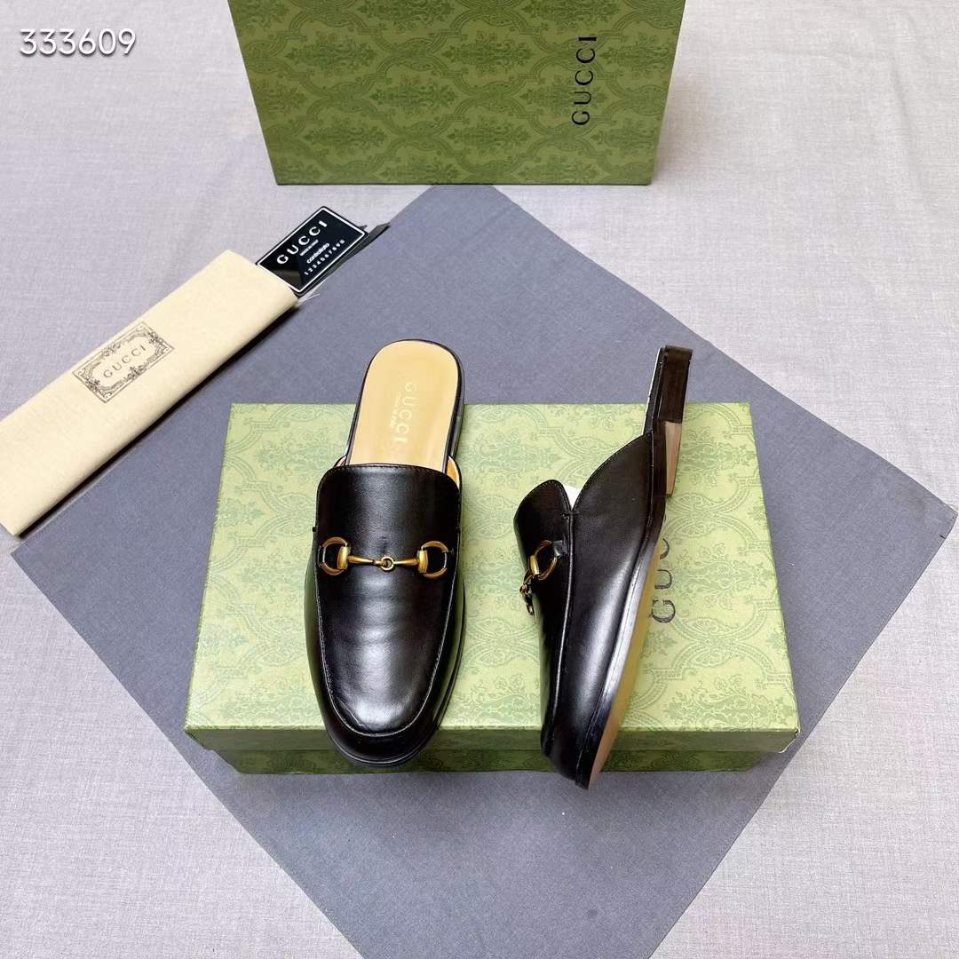 G*u*i unisex gg prinston leather slipper black leather flat 1 cm heel