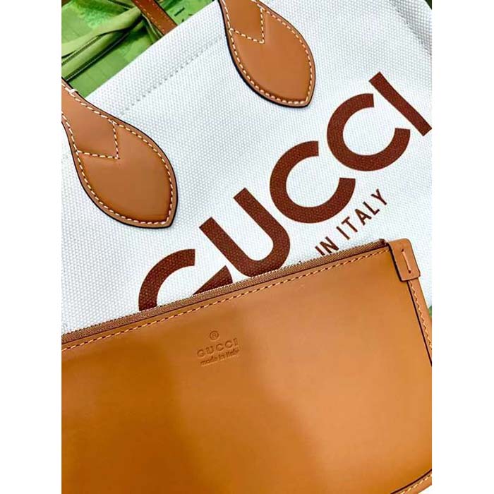 G*u*i gg unisex mini tote bag print beige cotton linen canvas light brown leather