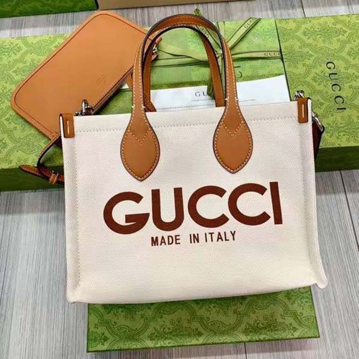 G*u*i gg unisex mini tote bag print beige cotton linen canvas light brown leather