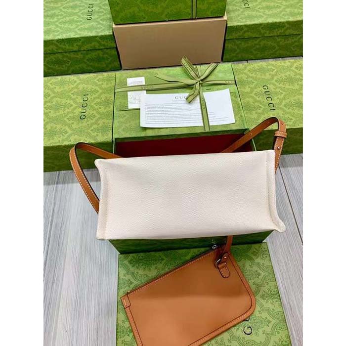 G*u*i gg unisex mini tote bag print beige cotton linen canvas light brown leather