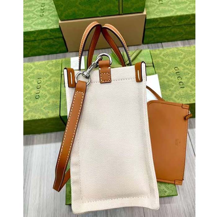 G*u*i gg unisex mini tote bag print beige cotton linen canvas light brown leather