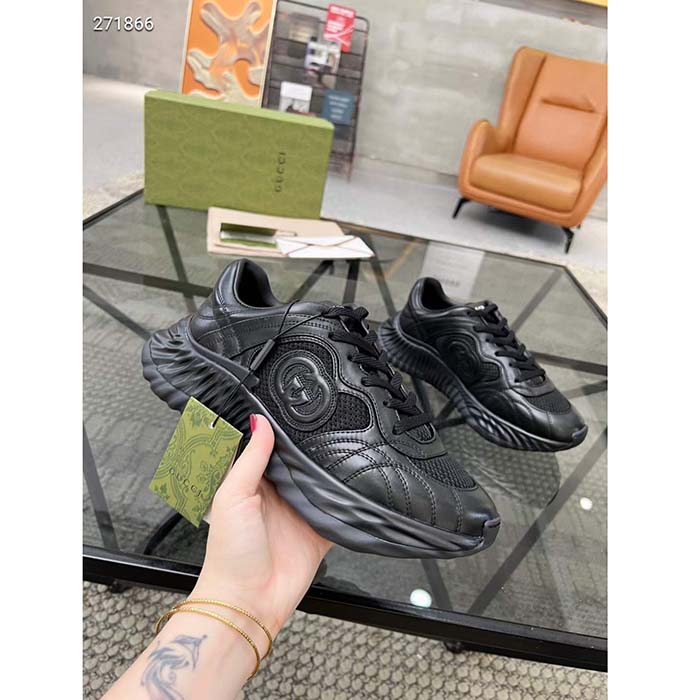 G*u*i gg unisex ripple sneaker black leather mesh lightweight lace-up low heel