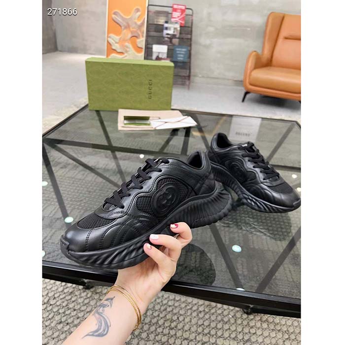 G*u*i gg unisex ripple sneaker black leather mesh lightweight lace-up low heel