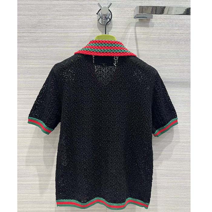 G*u*i gg women cotton lace polo web t-shirt black short sleeves