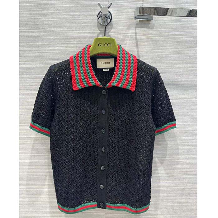 G*u*i gg women cotton lace polo web t-shirt black short sleeves