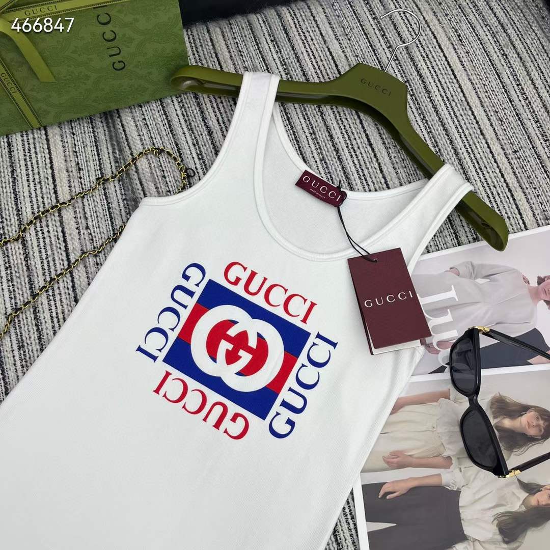 G*u*i men gg rib cotton tank top G*u*i print white scoop neck sleeveless