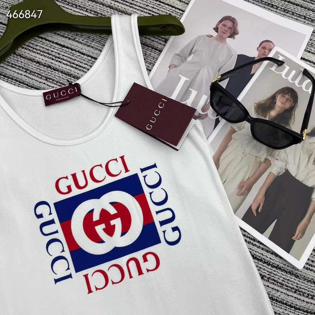 G*u*i men gg rib cotton tank top G*u*i print white scoop neck sleeveless