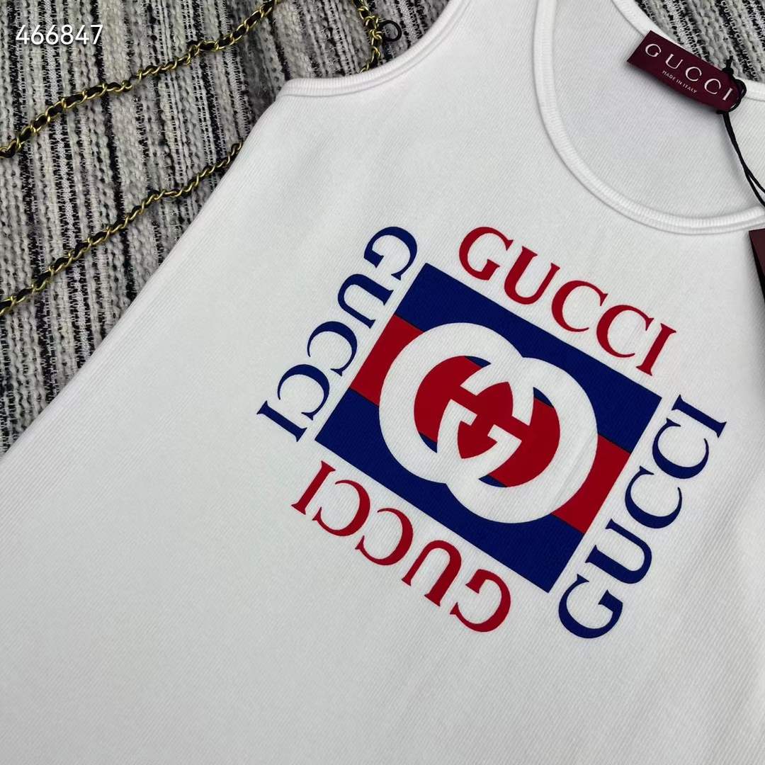 G*u*i men gg rib cotton tank top G*u*i print white scoop neck sleeveless