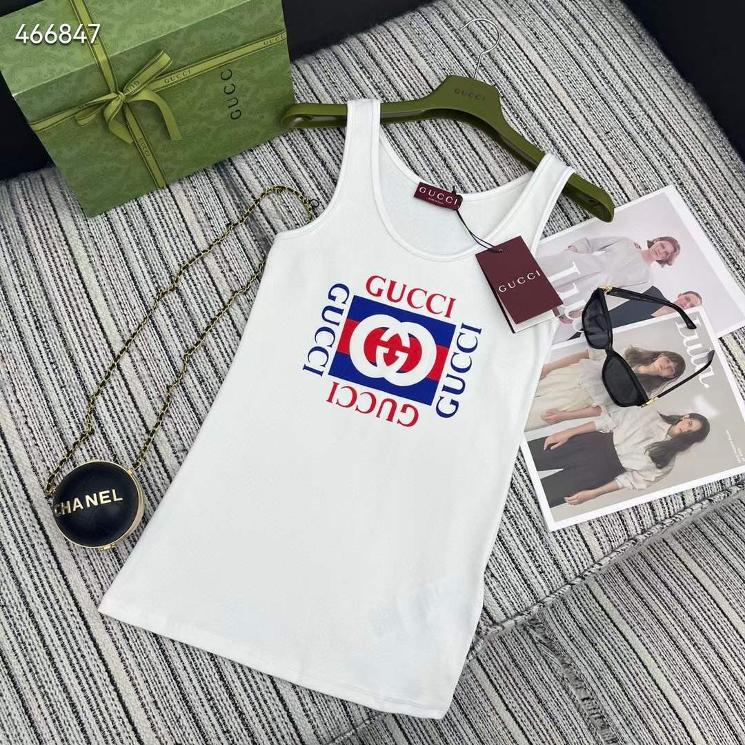 G*u*i men gg rib cotton tank top G*u*i print white scoop neck sleeveless