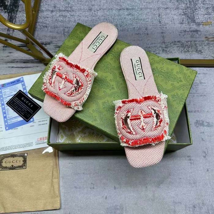 G*u*i unisex gg interlocking g slide sandal fuchsia canvas leather flat