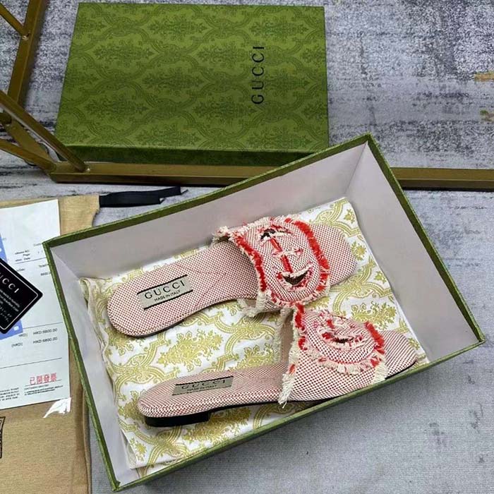 G*u*i unisex gg interlocking g slide sandal fuchsia canvas leather flat