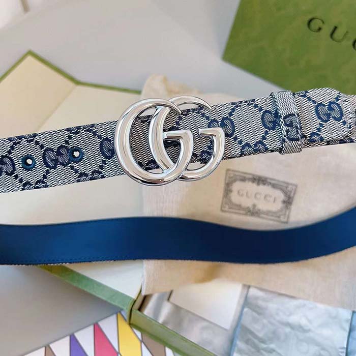 G*u*i unisex gg marmont reversible belt beige blue canvas double g buckle